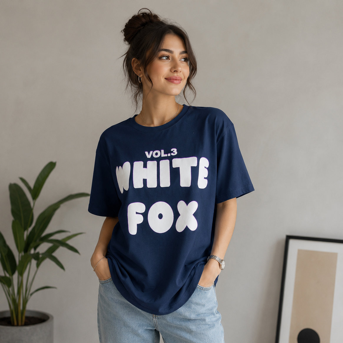 تیشرت باکسی پنبه طرح White fox کد 1-A1083